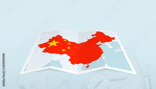 Map of China with the flag of China in the contour of the map on a trip abstract backdrop.
