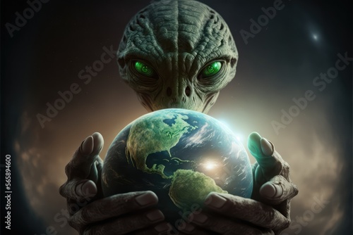 alien with earth in  hands made with generative ai