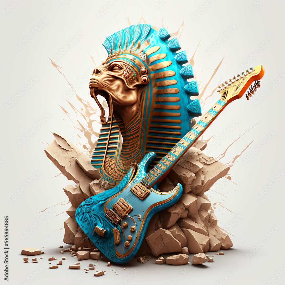 Ancient Egyptian mummy pharaoh electric guitar music player Stock