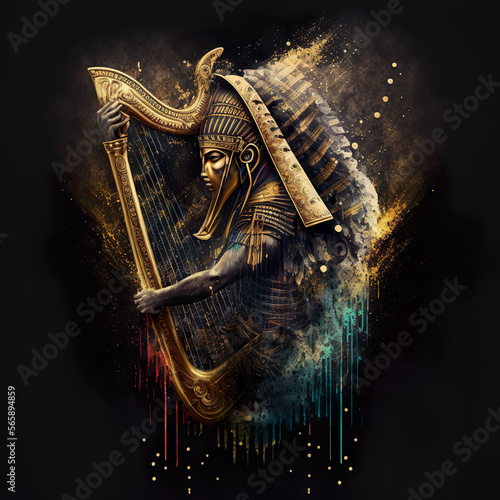 Leinwand Poster Ancient Egyptian mummy pharaoh harp music player