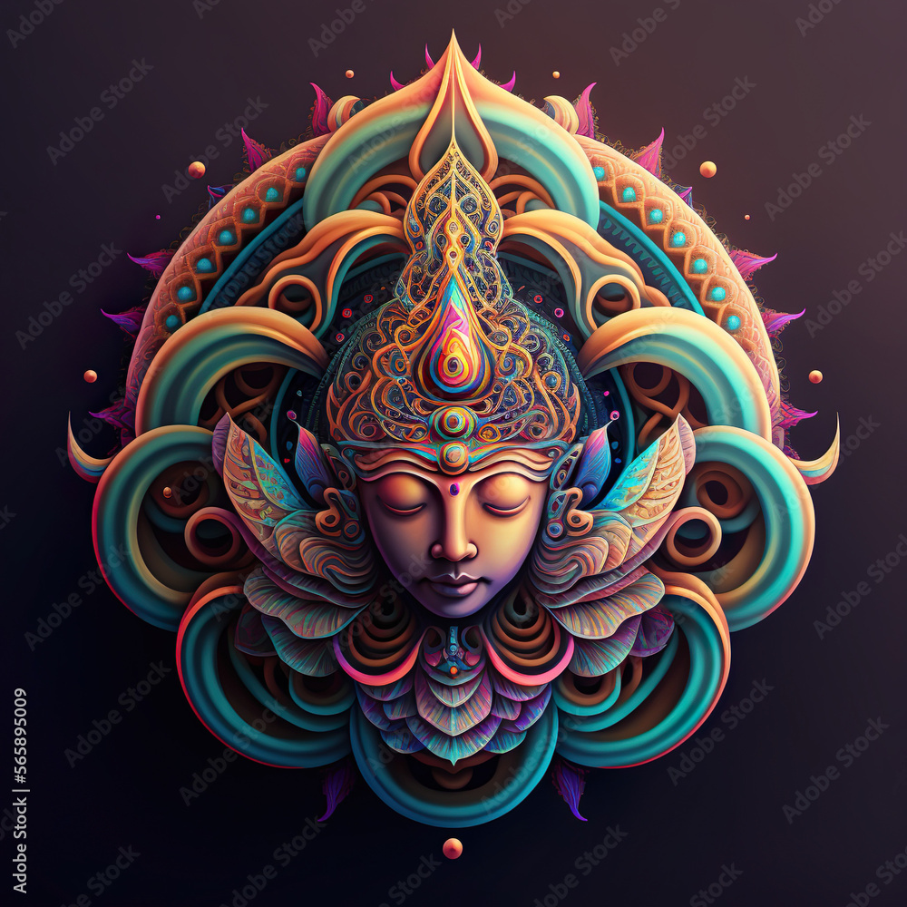 Naklejka premium Face of a spiritual Buddhist, tibetan holy symbol of faith in Buddha in nirvana enlightenment