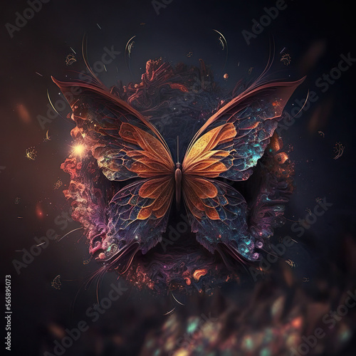 Digital abstract realistic print of a vibrant colorful cosmic explosion of butterflies and stars