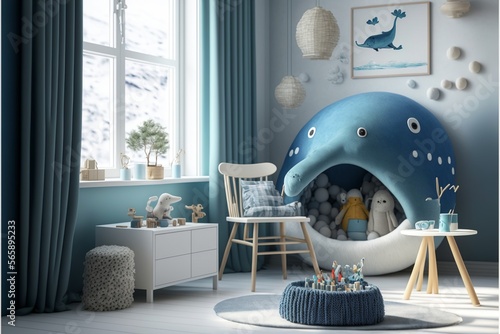 Colorful Scaninavian interior style children's room with several toys and wooden furnitures in the daylight photo