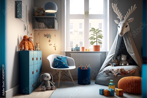 Scaninavian interior style children's room packed with toys and stag-headed tent photo