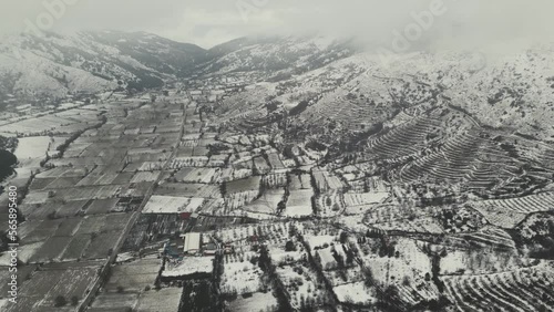 Drone flight over the village in Bozdag during winter. photo