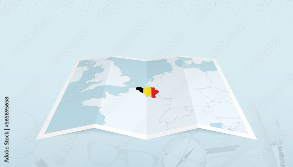 Naklejka premium Map of Belgium with the flag of Belgium in the contour of the map on a trip abstract backdrop.