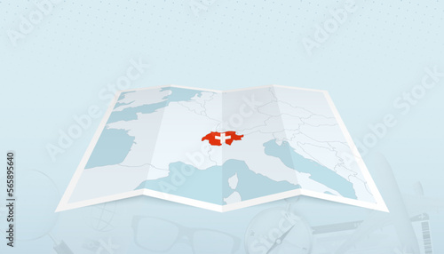 Map of Switzerland with the flag of Switzerland in the contour of the map on a trip abstract backdrop.