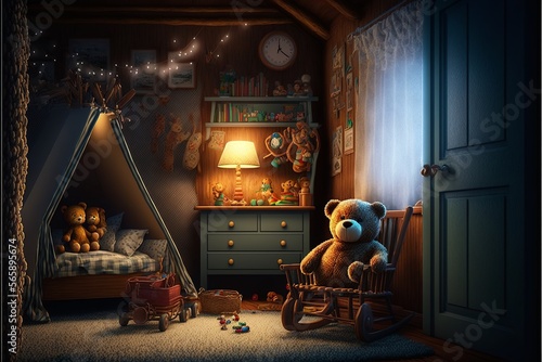Country interior style children's room with teddy bear and tent at night. Generative AI