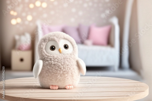 Perspective table with an owl plush toy in the baby room, Generative AI