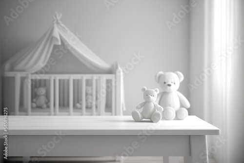 Perspective table with a plush toy in the baby room, Generative AI