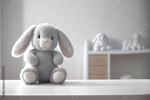 Perspective table with a bunny plush toy in the baby room, Generative AI