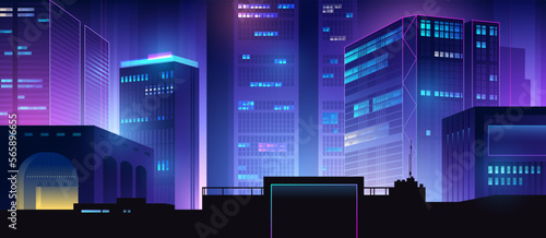 Cityscape on a colorful background with bright and glowing neon lights. Wide city front perspective view.