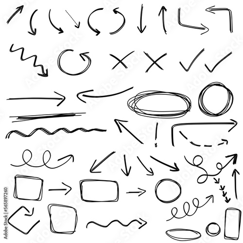Infographic Elements Collection, Scribble Lines, Hand Drawn Arrows, Circles and Square Frames Isolated on White Background, Black Drawings Set.