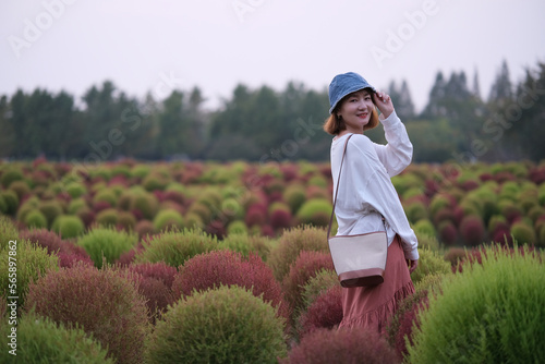Asian young woman stand in colorful Bassia scoparia garden, turn around smile at camera photo