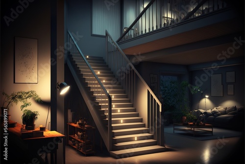 Scandinavian interior style staircase at night