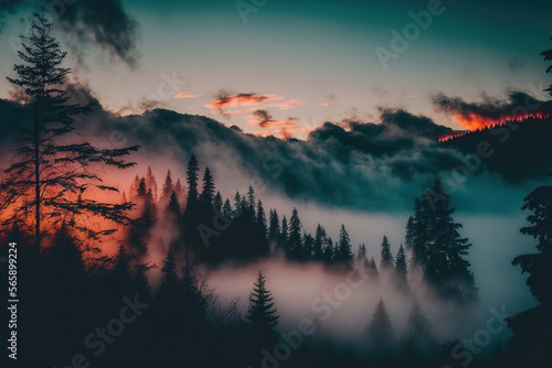 Foggy landscape with pine forest and mountains at sunset. AI © Oleksandr Blishch