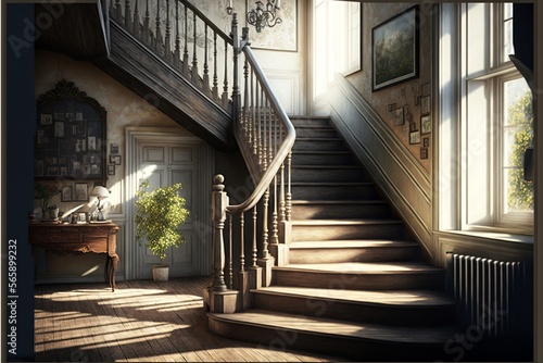 Country interior style natural wood staircase with hallway