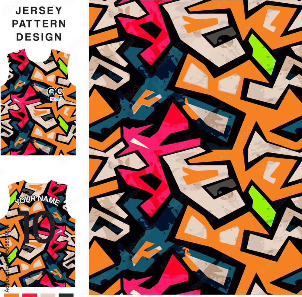 Abstract graffiti alphabet concept vector jersey pattern template for printing or sublimation sports uniforms football volleyball basketball e-sports cycling and fishing Free Vector.