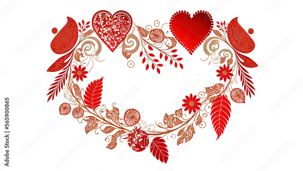 red valentines garland in boho bohemian style. Boho valentines on isolated white background. romantic valentines love concept. Leaves and feathers overlay red valentines garland in boho bohemian style. Boho valentines on isolated white background. romantic valentines love concept. Leaves and feathers overlay