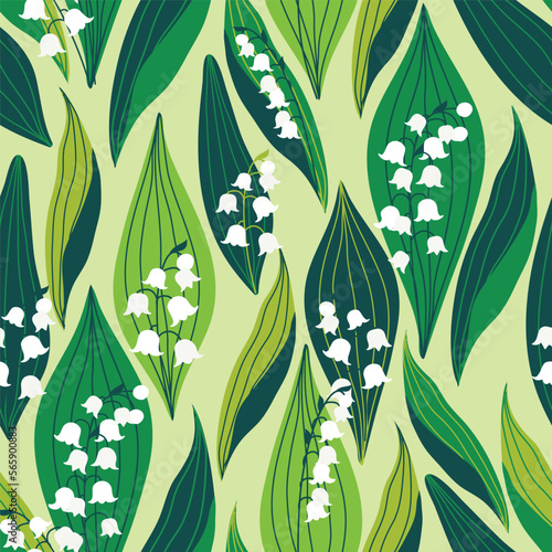 Lily of the valley seamless pattern. Fresh spring illustration. Print for fabric, wrapping, textile. 