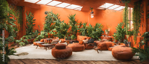 A vibrant bohemian-inspired living room with plants and bold orange accents and a cozy, lived-in feel. Generative AI