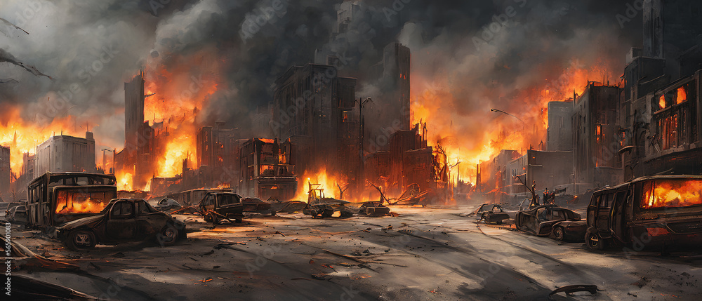 Artistic concept illustration of a city in flame,  Generative AI