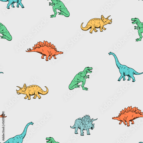 Dinosaurs Seamless Pattern. Cartoon Dinosaurs Kids Seamless Repeat Design. Vector Dinos Seamless Pattern