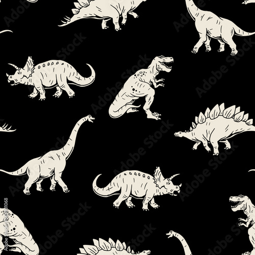 Dinosaurs Seamless Pattern. Cartoon Dinosaurs Kids Seamless Repeat Design. Vector Dinos Seamless Pattern