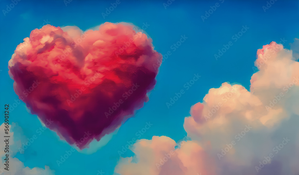 Experience the essence of Valentine's Day with a painting of heart-shaped clouds in the sky, painted in a dreamy style. Generative AI