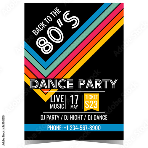 Retro dance party poster or banner. Vector design template for promotion or invitation with colored stripes on black background for eighties music party, disco dance night, retro concert 80's style. photo