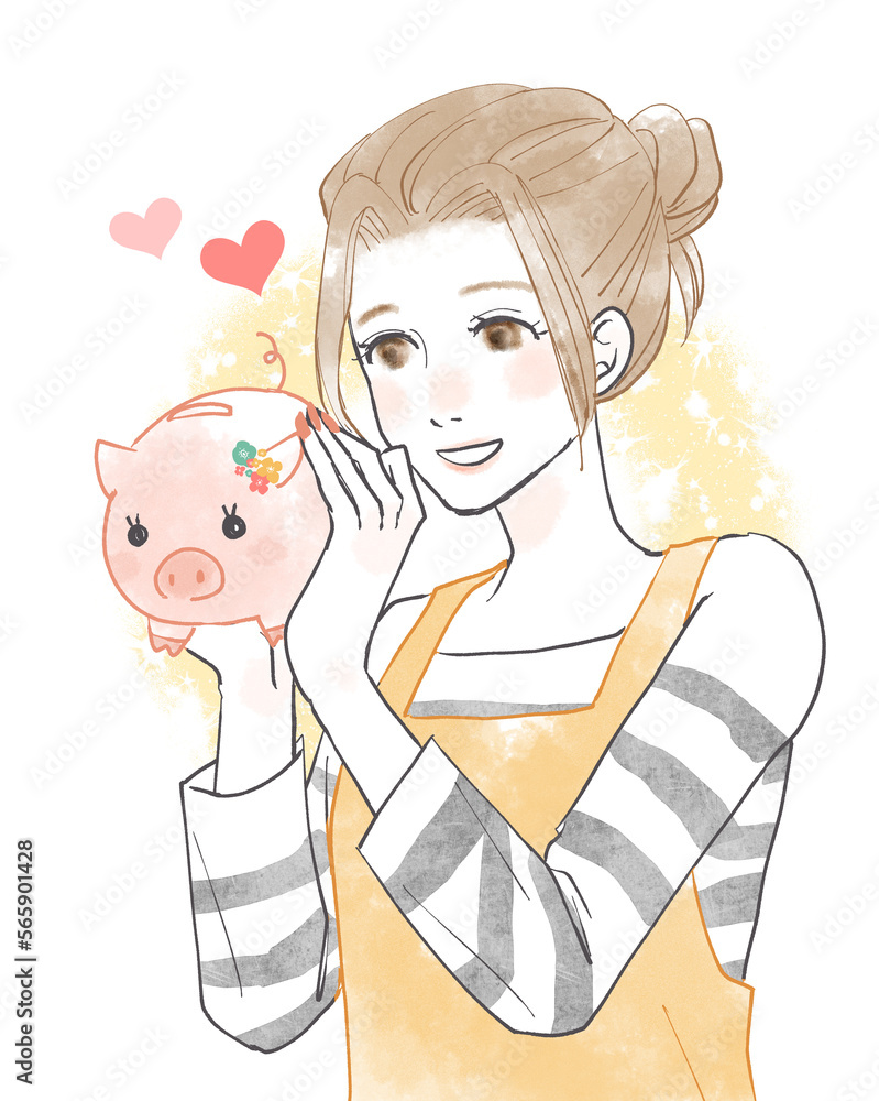 ブタさん貯金箱を持った女性 ブタさん貯金箱を持った女性