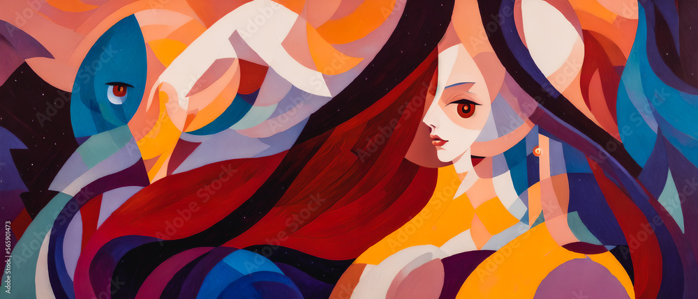 Mystical, abstract artwork showcases a grace-filled female. Combining elements of symbolism, cubism, expressionism and romanticism, the painting evokes a fusion of style. Generative AI