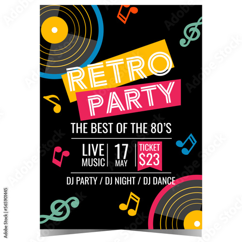 Retro party invitation card design. Vector poster, banner or flyer with vinyl records and colored music elements on black background suitable for retro show, concert or disco dance eighties party.