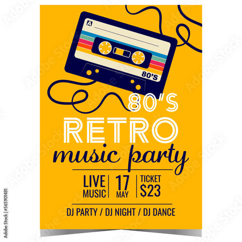Fotografering Retro music party invitation poster with audio cassette on yellow background