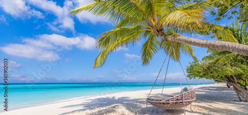 Fototapeta Naklejka Na Ścianę i Meble -  Tranquil tropical relax beach summer island landscape with beach swing hammock on palm, tranquil sea view. Amazing beach panorama vacation and summer holiday. Positive vibes panoramic travel concept