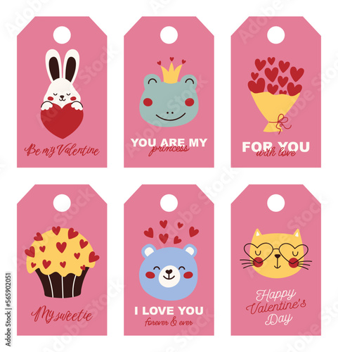 Romantic Valentine's Day gift tag templates. Love tags with love messages and cute animals