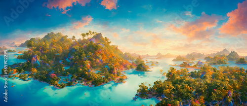Striking painting of small islands in the vast ocean amidst a stunning blue archipelago, showcasing a majestic view. Generative AI