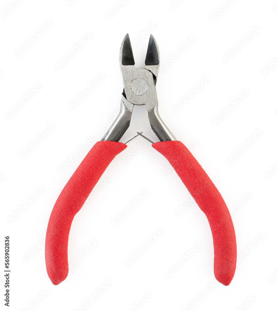 New metal wire cutters with red handle isolated on a white background, top view New metal wire cutters with red handle isolated on a white background, top view
