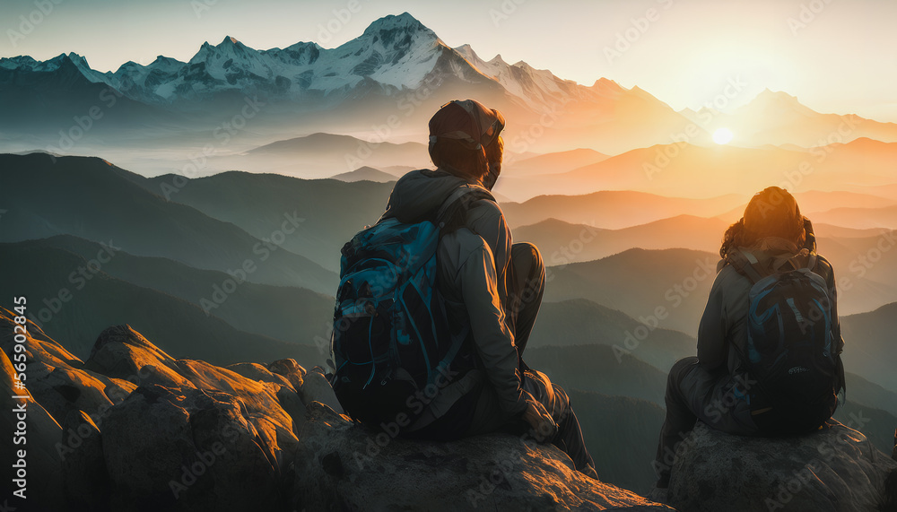 Serene view of man sitting on cliff edge, gazing at sunset amidst towering mountains.. Generative AI