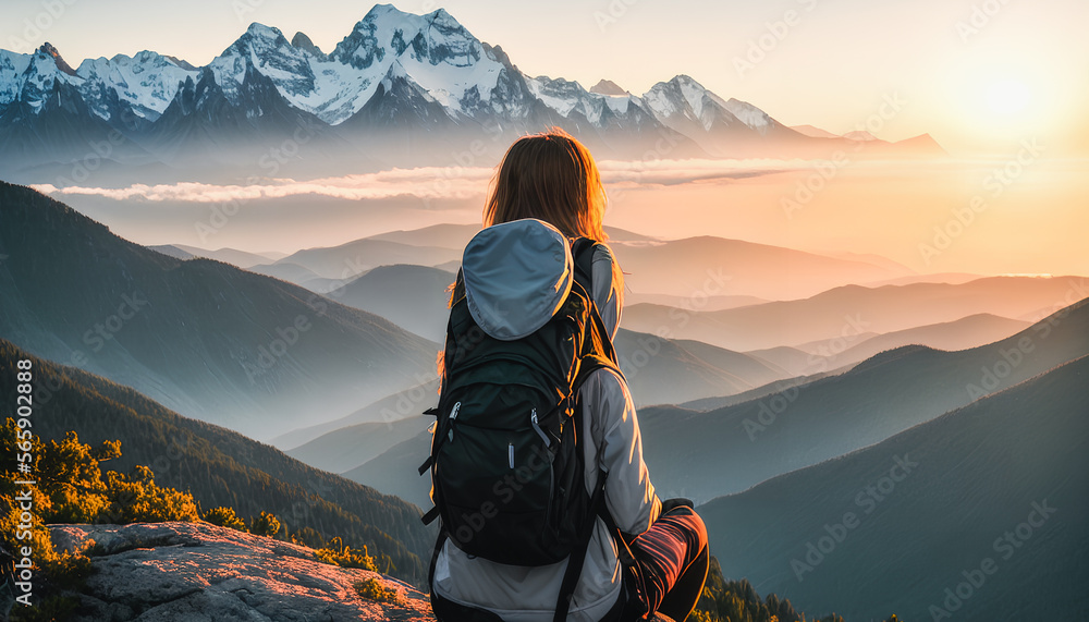 Serene view of man sitting on cliff edge, gazing at sunset amidst towering mountains.. Generative AI