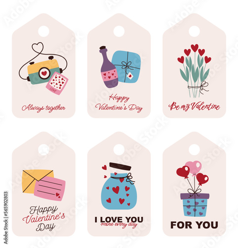 A printed collection of Valentine's Day labels. Gift and flower tags with romantic wishes