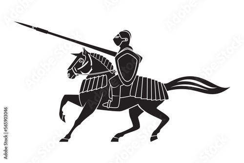 Smart knight or soldier or warrior riding on horse with armor shield and spear drawing in black and white vector