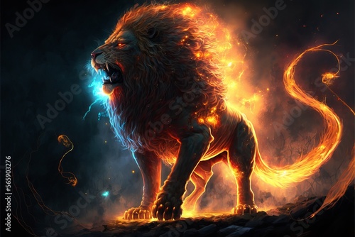 roaring mighty fantasy lion with flames and glowing lights Generative AI