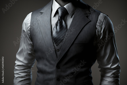 Close-up at a gentleman which is wearing casual uniform suit with black necktie. Generative Ai image.	
