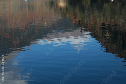 Reflection in the water of the blue sky and colorful autumn colors of trees background image