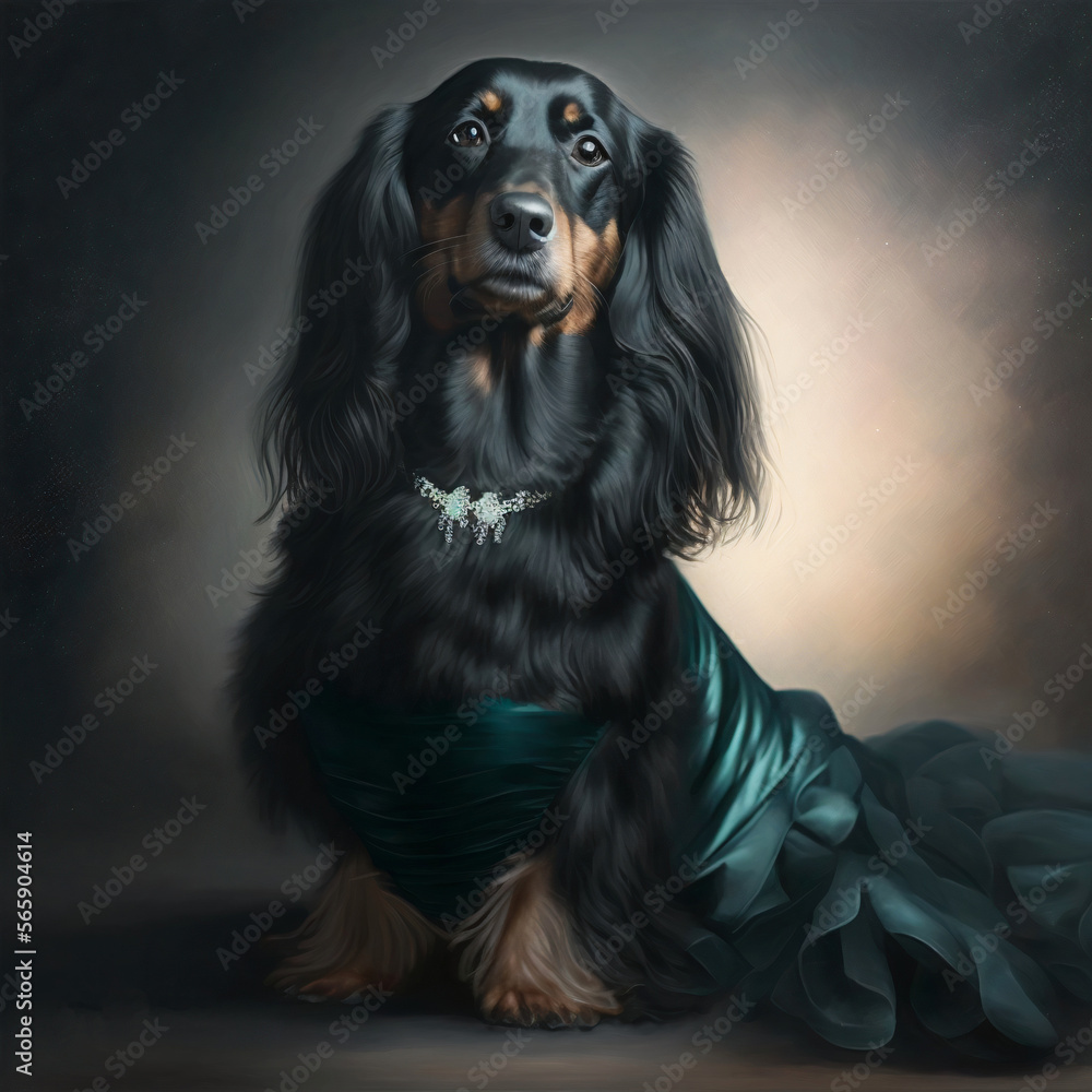 Realistic dachshund dog in evening dress, portrait generative ai Realistic dachshund dog in evening dress, portrait generative ai