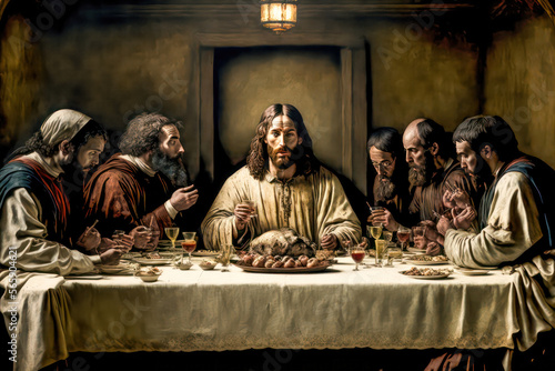 Letztes Abendmahl Jesus Christus Jünger Verrat Abstrakte Illustration Digital Art Hintergrund Background Cover Generative AI Grafik Design