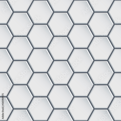 White glossy ceramic hexagon tiles seamless pattern. Modern home interior, bathroom and kitchen 3D wall texture. Vector black shiny hexagon tile wall background.