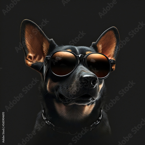 Realistic black dog in sunglasses in studio, portrait generative ai © Nastya Try