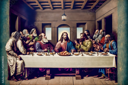 Letztes Abendmahl Jesus Christus Jünger Verrat Abstrakte Illustration Digital Art Hintergrund Background Cover Generative AI Grafik Design photo